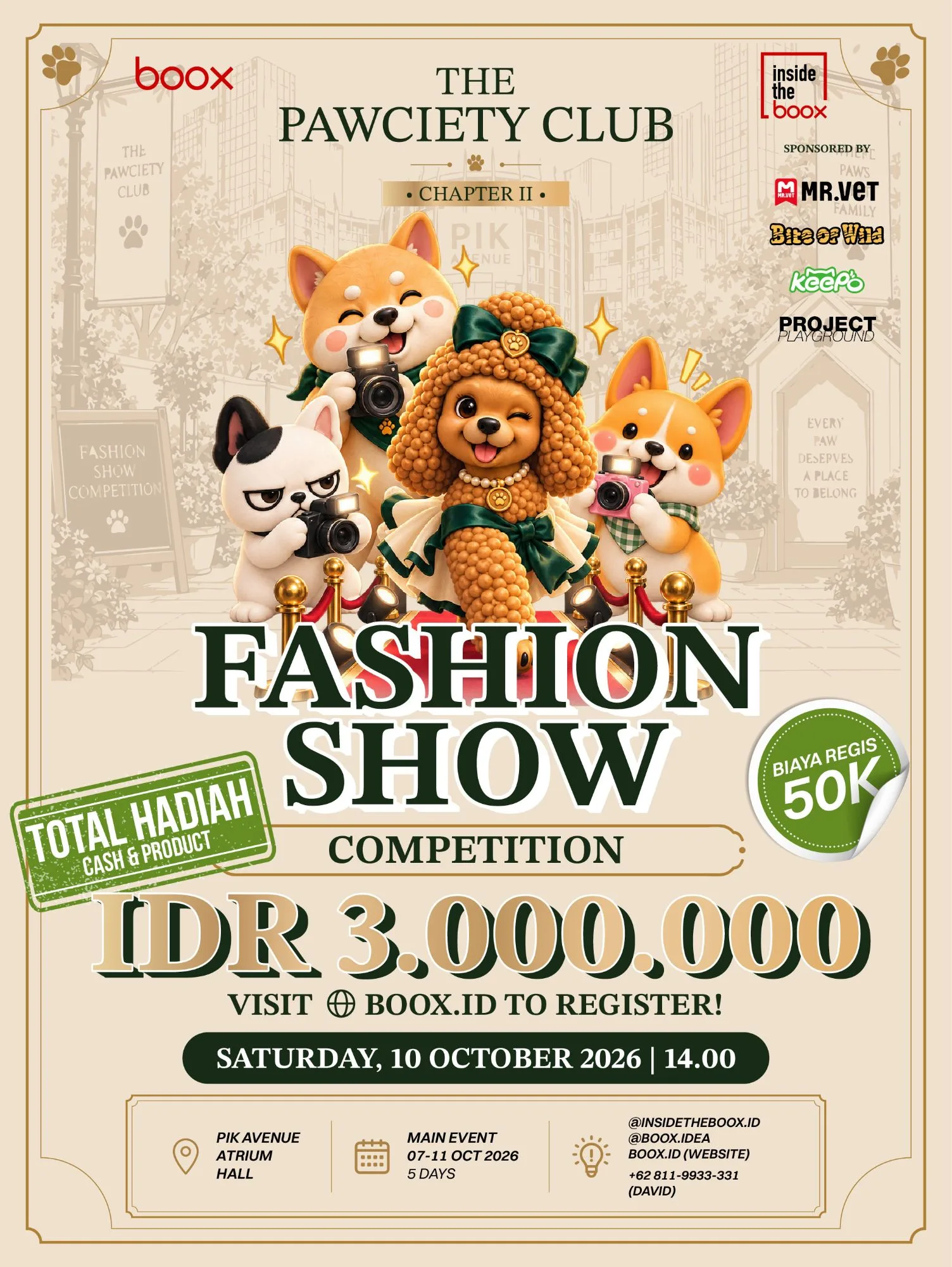 Poster resmi Fashion Show Competition The Pawciety Club Chapter II, Sabtu 10 Oktober 2026 pukul 14.00 di PIK Avenue Atrium Hall