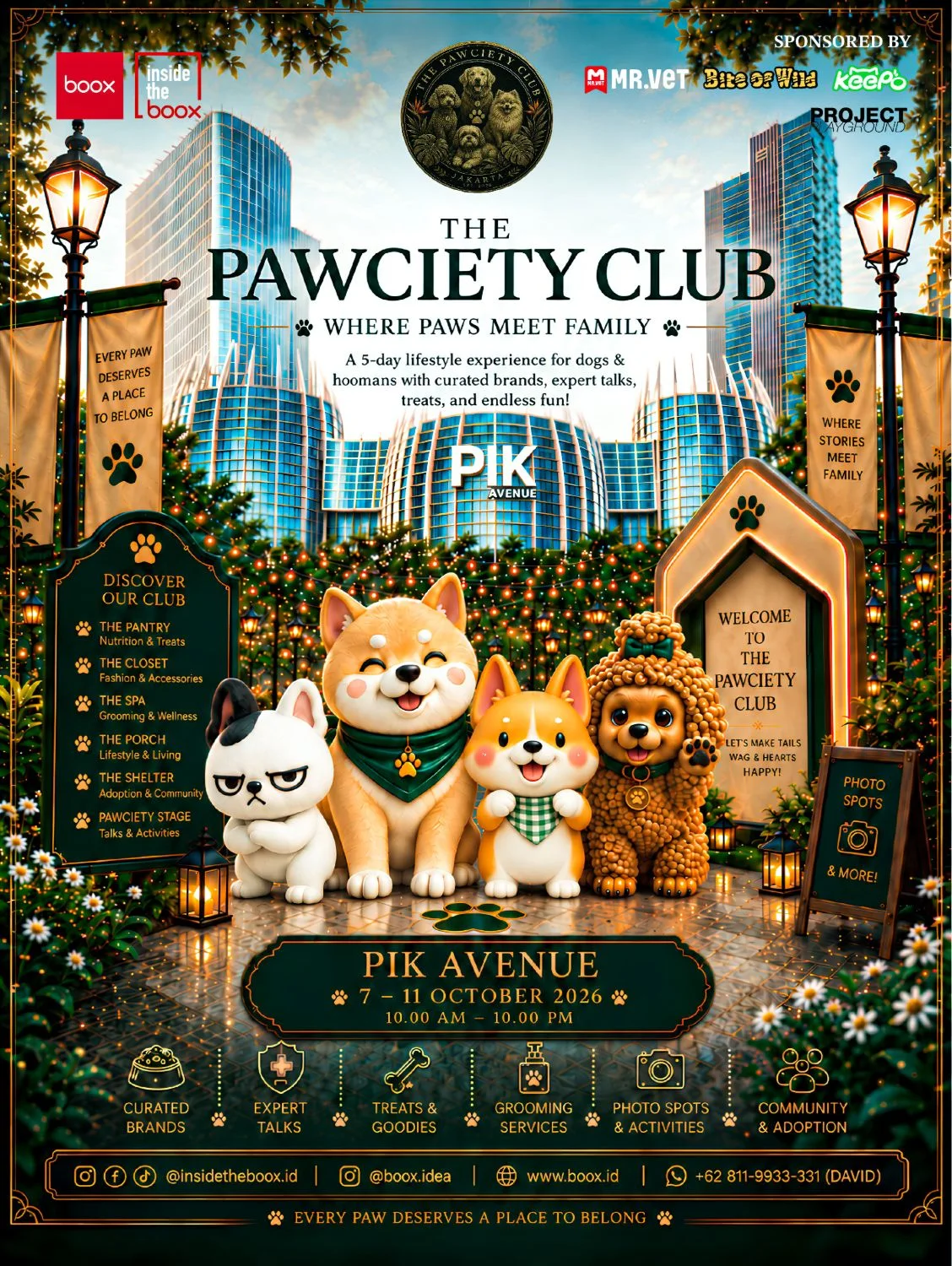 Poster resmi The Pawciety Club Chapter II di PIK Avenue, 7-11 Oktober 2026, menampilkan empat karakter anjing klub beserta daftar sponsornya
